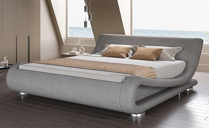 SHA CERLIN Queen Size Upholstered Bed Frame, Deluxe Low Profile Sleigh Bed by SHACERLIN