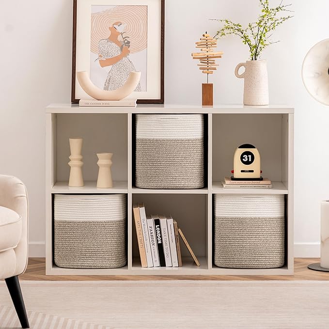 joybest Cube Storage Bins Set of 4, 13inch Cube Baskets Organizer for Nursery, Square Cotton Rope Baskets for Shelves Organizing, Kids Toy, Closet Storage, Brown and Cream White