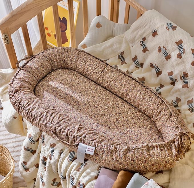 Infant Lounger, Baby Nest Cover for Baby Girls & Boys, Newborn Essentials for Baby 0-18+ Months, 100% Cotton Breathable (Brown Blossom_, Cotton_Muslin)