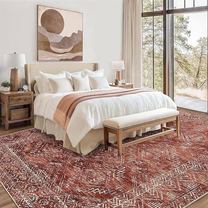 COZYLOOM 8x10 Rug Modern Indoor Area Rug Machine-Washable for Living Room or Bedroom Softness Foldable Mat for Easy Storage Geometric Design Non Slip Rug Low Pile Stain Resistant Carpet, Brick Red