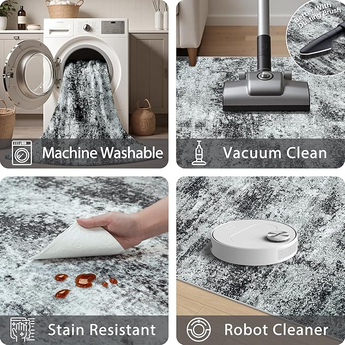 Area Rug Living Room Rugs: 5x7 Abstract Washable Rugs Ultra Soft Carpets with Non-Slip Backing Stain Resistant Carpet for Dining Room Table Bedroom Nursery Indoor Home Office Dark Black/Gray