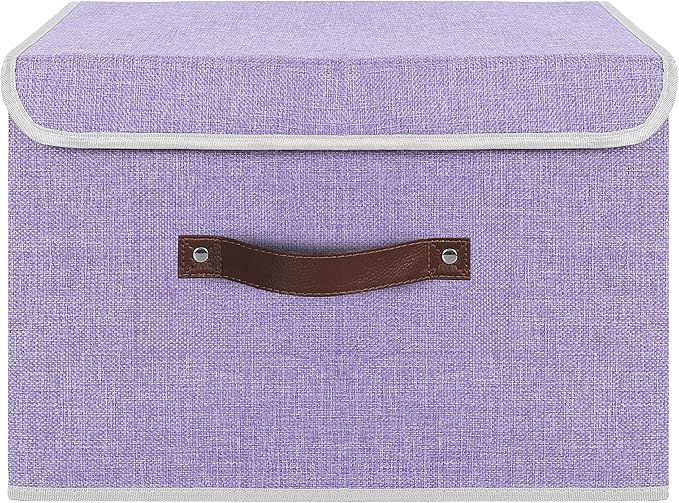 ANMINY Storage Bin with Lid Storage Boxes with PU Leather Handles PP Plastic Board Decorative Foldable Lidded Cotton Linen Fabric Home Cubes Baskets Closet Organizer Container - Purple, Large Size