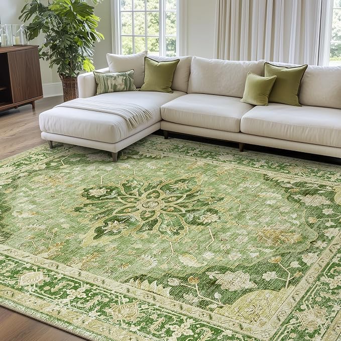 RELEANY Area Rugs 7'x9' Washable Non-Slip, Floral Vintage Distress Print by RELEANY