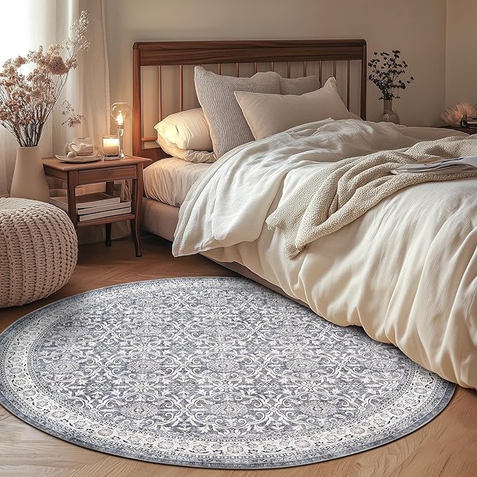 jinchan Round Rug 6ft Washable Circle Soft Rug - Low Pile Vintage 6'Round Indoor Grey Floral Print Stain Resistant Boho Carpet Ultra-Thin Non-Slip for Living Room Nursery Bedroom Dining Room Kitchen
