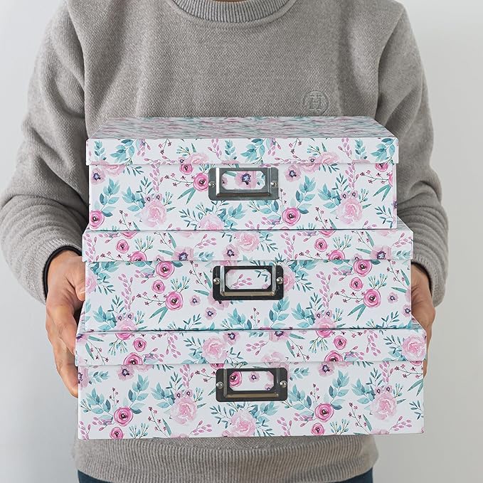 Soul & Lane Floral Decorative Storage Boxes With Lids, Set of 3 Pretty Nesting Cardboard Letter Storage Boxes for Photos, Documents, Scrapbooks, Keepsakes, Memories