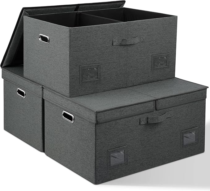 75 Quarts Extra Large Decorative Storage Bins with Lids, 3 Packs Dark Gray Collapsible Storage Bins with Lids, Stackable Storage Bins Decorative Box Storage With Lid Extra Large