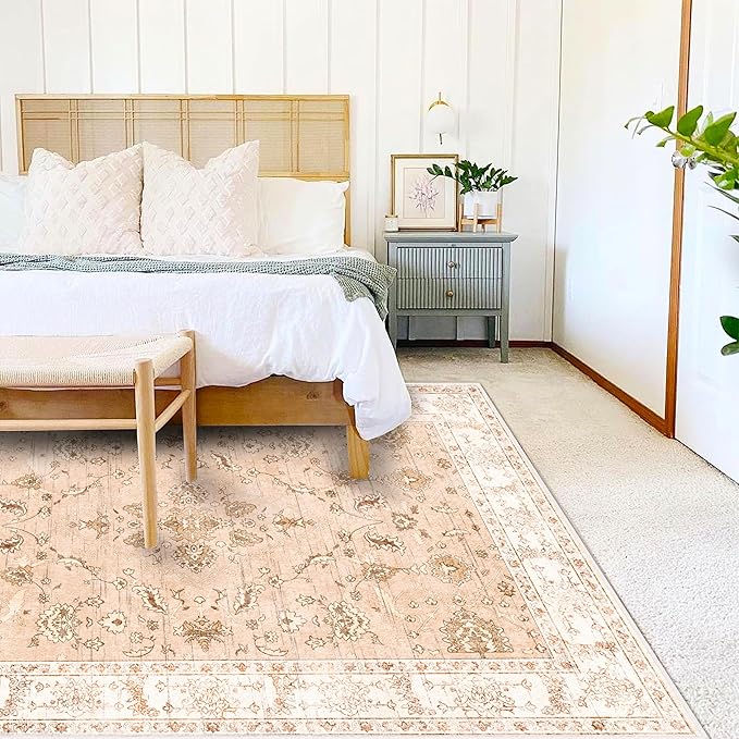 Area Rug 8x10 Washable Rug Tangerine Vintage Traditional Mat Distressed Indoor Foldable Thin Retro Accent Floral Print Rug Non Slip Carpet Living Room Dining Room Office