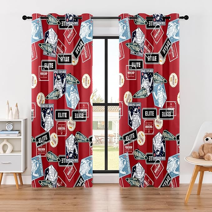 Kids Space Astronaut Blackout Curtains - 100% Blackout, Thermal Insulated, Noise Reducing, Perfect for Kids Room and Nersury, 2 Panels (Space Badge Crew, W52×L84)