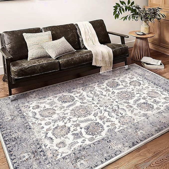 Washable Area Rug 4x6 Rugs for Living Room Retro Flowers Machine Non-Slip Bedroom Rug Vintage Trellis Throw Rug Distressed Carpet for Dining Room Office Carpet