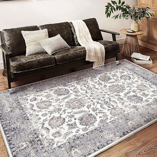 Washable Area Rug 5x7 Retro Boho Chic Medallion Distressed Design Living Room Indoor Non-Slip Large Oriental Accent Throw Rug for Kitchen Bedroom Office Carpet
