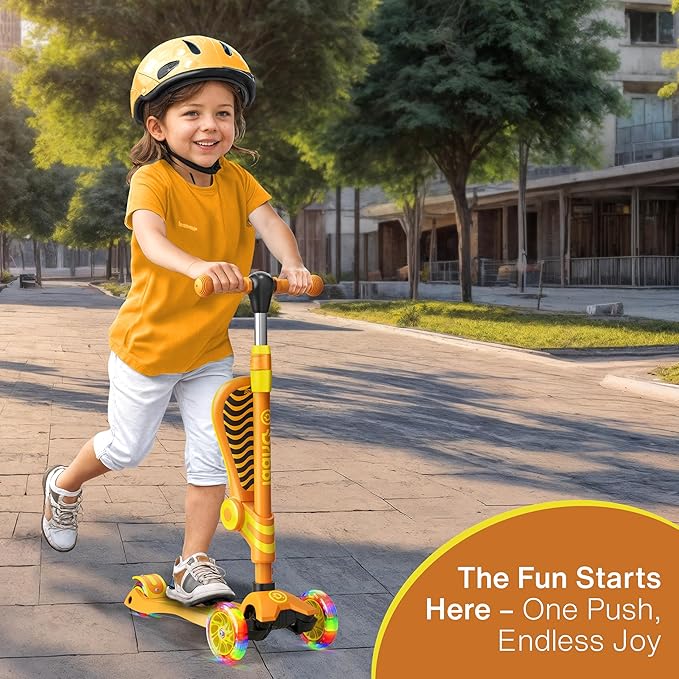 Orange 3 Wheel Scooter with Seat for Kids – Light-Up LED Wheels, Adjustable Handlebar and Seat, Smooth PU Wheels, Wide Anti-Slip Deck, Rear Foot Brake – Toddler Outdoor Toys for Ages 2+