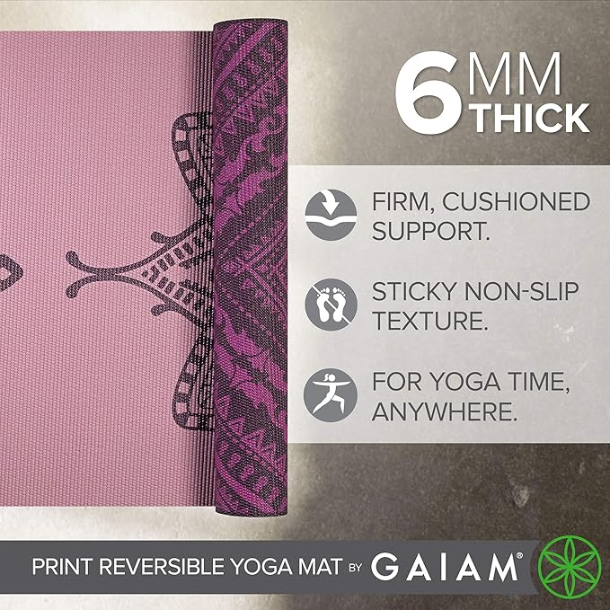 Gaiam Yoga Mat - Premium 6mm Print Reversible Extra Thick Non Slip Exercise & Fitness Mat for All Types of Yoga, Pilates & Floor Workouts (68" x 24" x 6mm Thick)