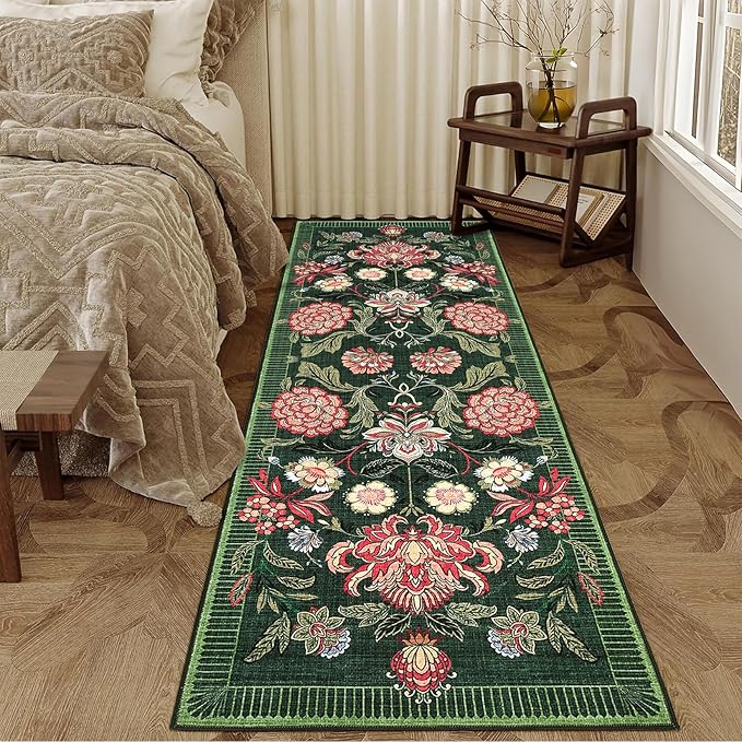 GarveeHome Forest Green Floral Botanical 2x6 Washable Kitchen Runner Rugs Non Slip Vintage Boho Cottage Long Rug for Hallways Bedroom Entryway Bathroom Mat with Rubber Back