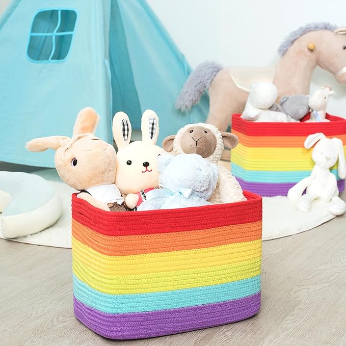 MINTWOOD Design 3-Pack Storage Baskets for Shelves, Playroom and Classroom, Book Basket, Decorative Storage Cube Bins, Woven Closet Organizers, Pantry and Shoe Organizer, Rainbow