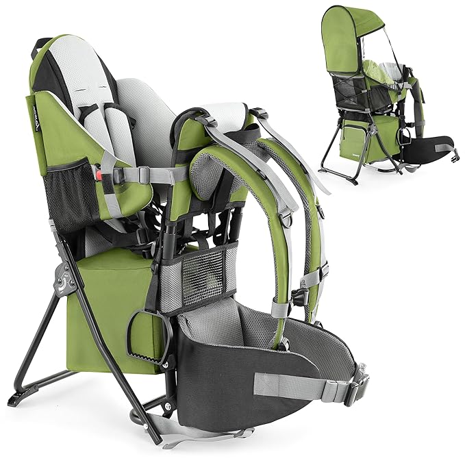 besrey Baby Backpack Carrier, Toddler Hiking Backpack with Safety 3-Height Seat, Adjustable Straps&Waist Belt, Foldable Frame Lightweight Large Capacity Child Carrier for Hiking (Army Green)