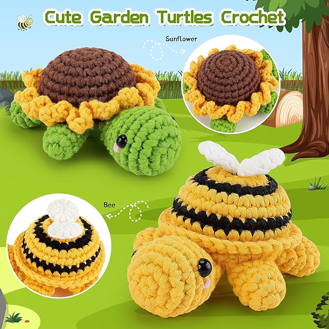 Crochet Kit for Beginners, Crochet Animal Kit with Step-by-Step Video Tutorials, 2PCS Bee and Sunflower Turtles Crocheting Kit for Adults Kids, Easy Yarn for Starter, Stuffed Animal Knitting Kit