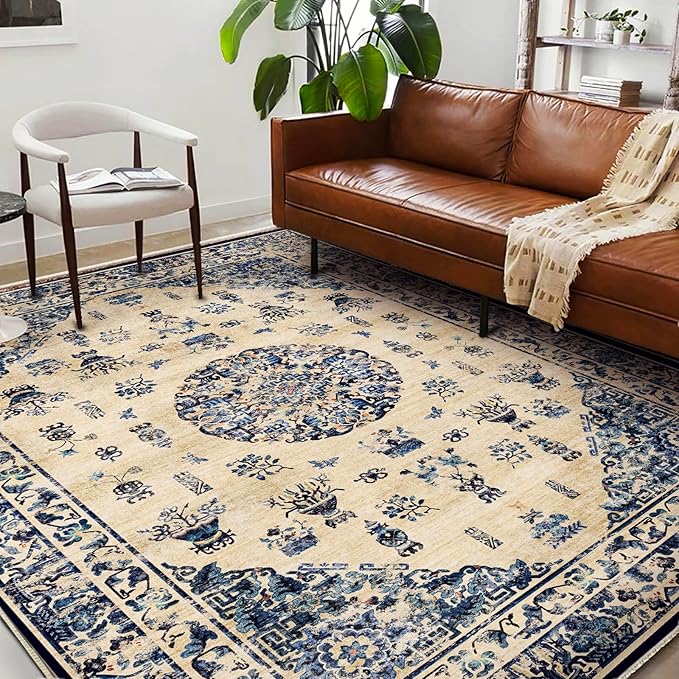 Area Rug 5'x7' Washable Rug Traditional Floor Cover Thin Retro Kitchen Indoor Distressed Non Slip Carpet for Living Room Bedroom Dining Room
