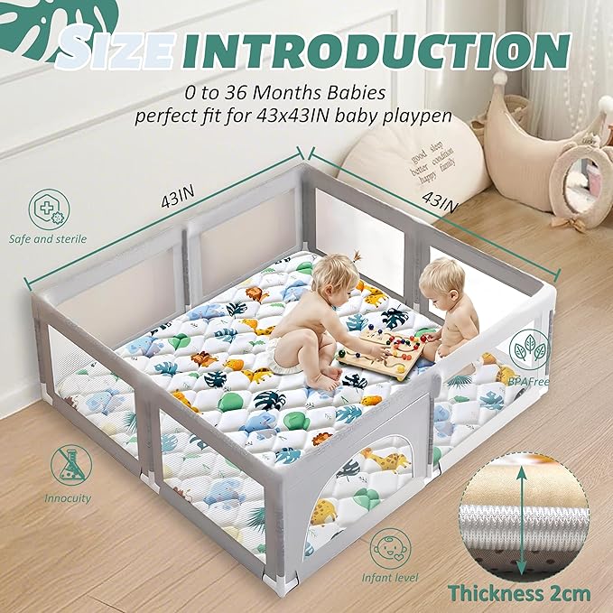 Baby Play Mats for Floor, 43x43 Playpen Mat for Babies, Extra Thicker & Soft Floor Crawling Mat, Foldable Non-Slip Playmat Cushioned for Infants Toddlers, Cute Animal Design