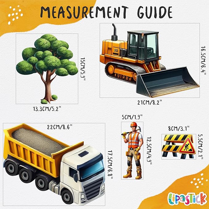Construction Car Wall Decals for Boys by Lipastick - Road, Trucks, Tractors, Excavators Wall Stickers for Kids Bedroom, Nursery, Playroom - Peel and Stick Transport Themed Wall Decals - L Size