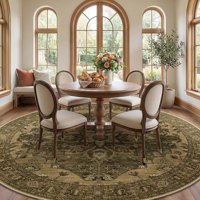 RELEANY Area Rugs Round 8ft Washable Non-Slip, Floral Vintage Distress Print - Image 2