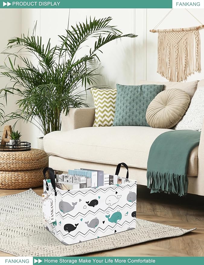 FANKANG Storage Bins, Nursery Hamper Canvas Laundry Basket Foldable with Waterproof PE Coating Large Storage Baskets for Kids Boys and Girls, Office, Bedroom, Clothes,Toys(Rec-whales ）