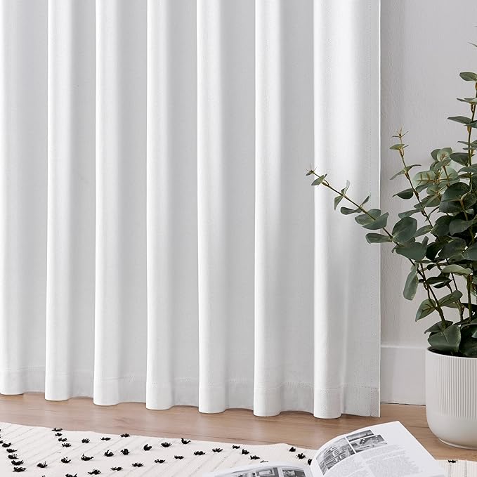 Joydeco Faux Linen Blackout Curtains for Bedroom,White Blackout Curtains 120 inches Long,100% Blackout Solid Thermal Insulated Window Drapes Luxury Decor for Living Room（W52xL120 Inch,White）