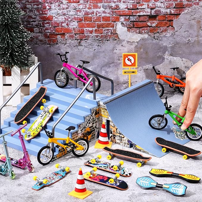 Skylety 31 Pieces Mini Finger Toys Set for Boy Girl Includes 6 Finger Skateboards, 4 Bikes, 2 Mini Scooters 4 Swing Board 8 Matched Wheels 7 Tool Accessories Educational Toy Party Favor(Fun)