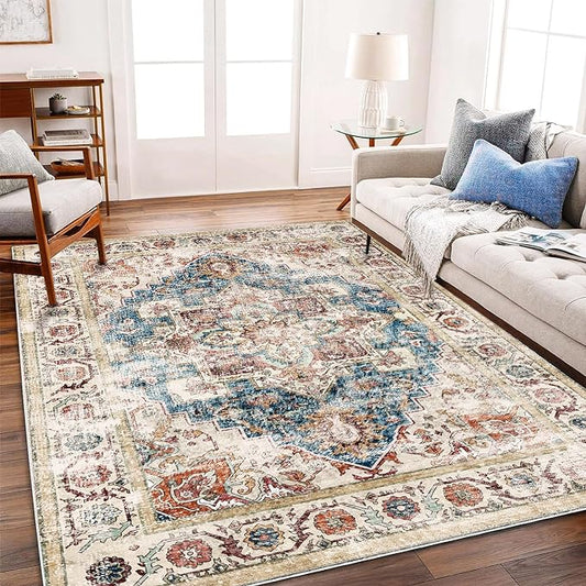Washable Area Rug 9'x12' Beige Blue Boho Chic Medallion Distressed Design Non-Shedding Easy Care Ideal for High Traffic Areas in Living Room Bedroom Office Coffee Table Large Carpet