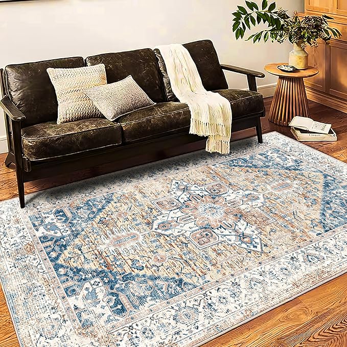 Washable Area Rug 8x10 Boho Chic Medallion Distressed Design Non-Shedding Easy Care Ideal for High Traffic Areas in Living Room Bedroom Office Coffee Table Large Carpet