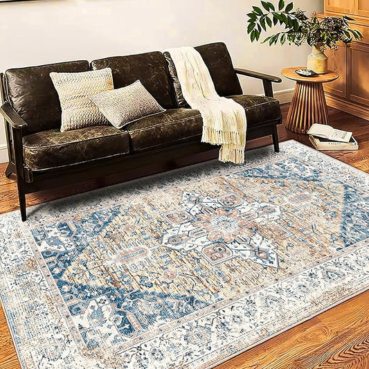 Washable Vintage Area Rug 6x9 Boho Chic Medallion Distressed Design Non-Shedding Easy Care Ideal for High Traffic Areas in Living Room Bedroom Kitchen Office Large Carpet