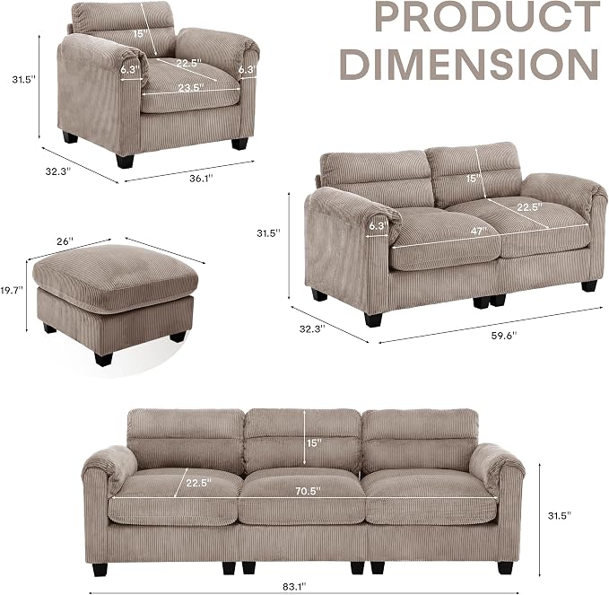 HAOMARKETS Corduroy Sofa Set, Upholstered Loveseat - Image 2