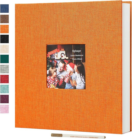 Spbapr Large Photo Album Self Adhesive 60 Pages Linen cover DIY Magnetic Scrapbook album with A Metal Pen Hold 3x5 4x6 5x7 6x8 8x10 Pictures Orange
