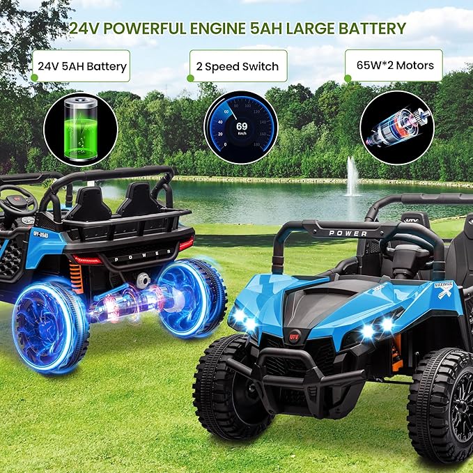 24V 2 Seater Ride On Car Truck, Power Wheels Kids UTV w/Parent Remote Control, 3.1 MPH Max Speed, Music Player, LED Lights & Storage, Electric Vehicle Ride On Toy for Kids Toddler Ages 3-8, Blue