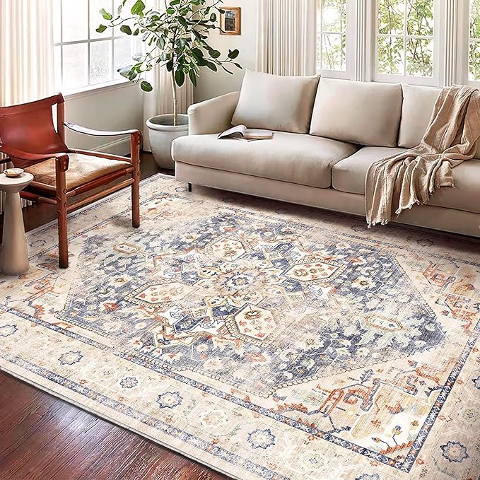 Washable Area Rug 8'x10' Blue Khaki Retro Boho Design Non-Shedding Non-Slip Easy Care Ideal for High Traffic Areas in Living Room Bedroom Office Coffee Table Kitchen Large Carpet