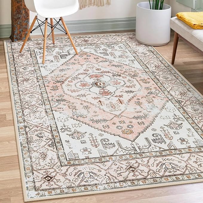 Lahome Boho Washable Living Room Area Rug - 3x5 Small Pink Rugs for Bedroom Non-Slip Throw Nursery Kids Room Rug, Vintagel Print Carpet Rug for Kitchen Office Bathroom Laundry Room (Pink, 3'x5')