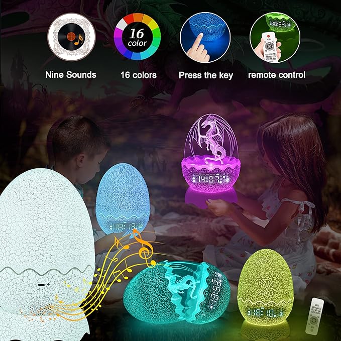Unique Dragon Egg Digital Clock Ok to Wake Up Alarm Clock with Night Light / Lullaby White Noise / Bluetooth Speaker, Remote Control 16 Colors & Brightness & Volume, Cool Dragon Gift for Kids/Adult