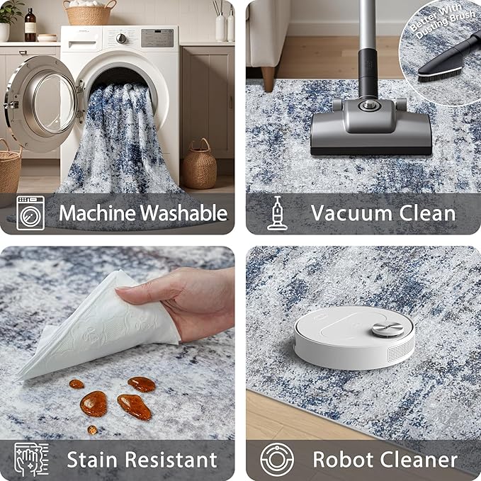 Washable Rug 6x9 Area Rugs: Abstract Washable Rugs with Non-Slip Backing, Stain Resistant Indoor Floor Carpet for Bedroom Dining Room Table Nursery Hallway Home Office Blue/Gray/Black