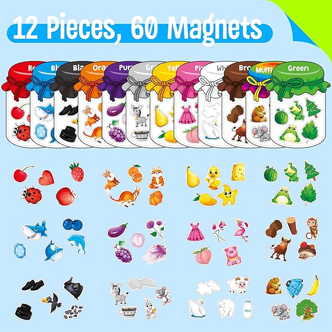 12 Pieces Magnetic Color Sorting Toys, 60 Color Magnets Educational Refrigerator Whiteboard for Baby Toddlers Kids Magnets