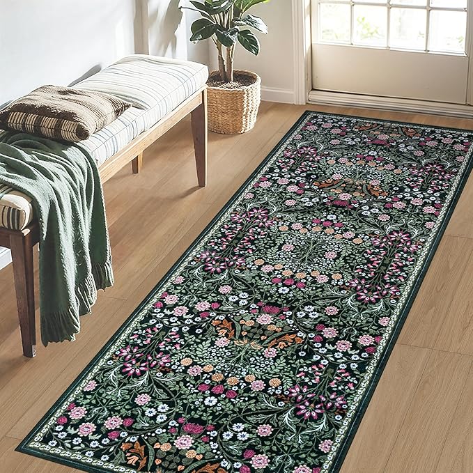 Runner Rug for Entryway: 2x6 Kitchen Rugs Non Slip Washable Ultra-Thin Soft Floral Carpet Indoor Floor Stain Resistant Carpets for Hallway Bedroom Kitchen Laundry Bathroom Dorm Dark Green