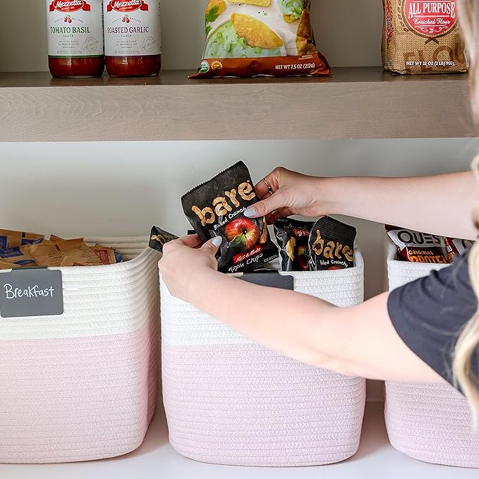 NaturalCozy 13 Inch Cube Storage Bins Cotton Rope Woven Baskets for Organizing 3-Pack | 13 x 13 Storage Cubes | Fabric Square Storage Baskets for Shelves Organizer, Kids Toy Bins, Closet Baby Nursery