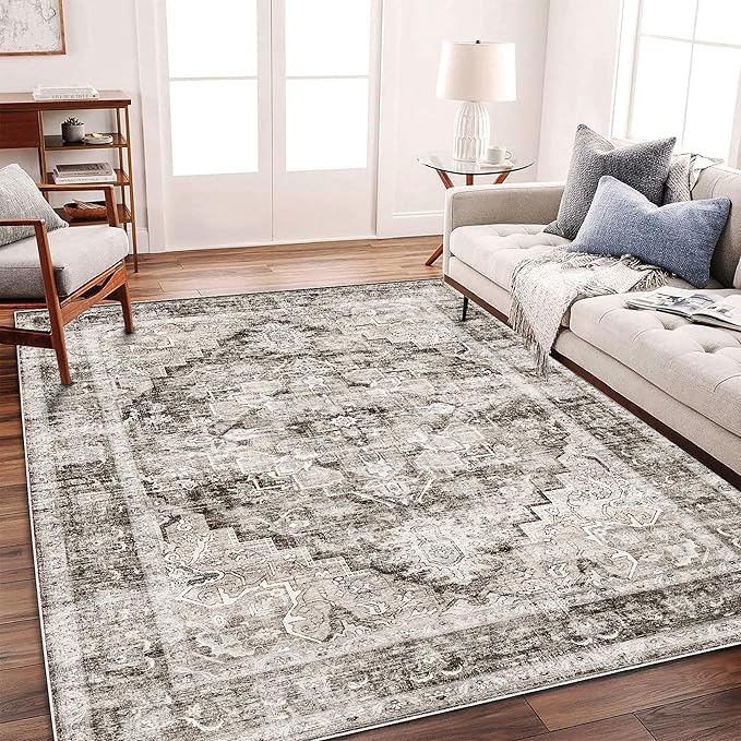 Washable Area Rug 10'x14' Deep Khaki Retro Flowers Boho Design Non-Shedding Easy Care Ideal for High Traffic Areas in Living Room Bedroom Office Coffee Table Kitchen Large Carpet