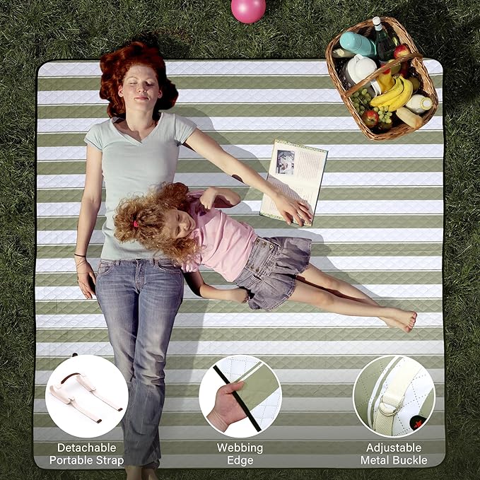 HX&OD Outdoor Picnic Blanket Extra Large, 80”x80” Waterproof Picnic Mat Foldable Camping Blanket Portable with Carry Strap for Beach Mat (Green)