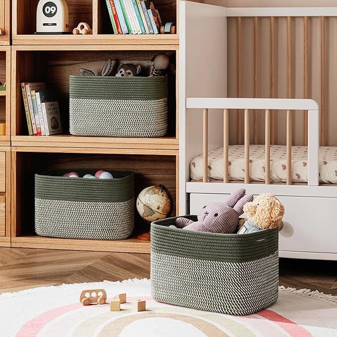 UBBCARE 4 Pack Baskets for Organizing, Woven Storage Baskets for Toys and Towel, Rectangle Cotton Rope Basket with Handles, 15''L x10''W x9''H, Mixed Green