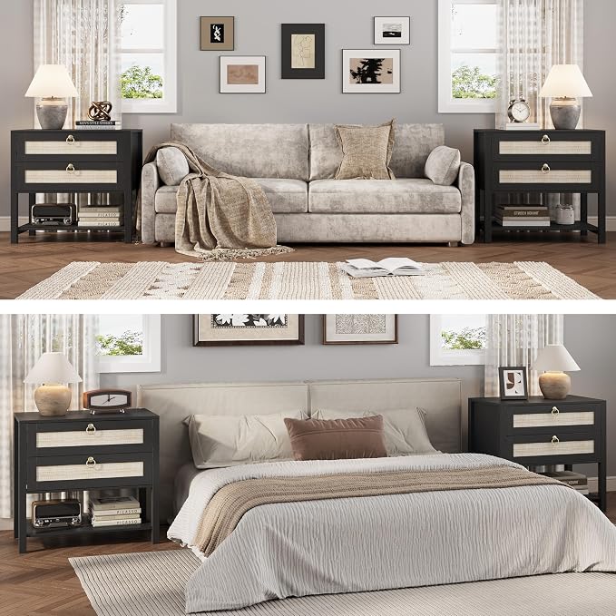 Xixini Nightstand Set of 2, Rattan Boho Bedside Table - Image 3