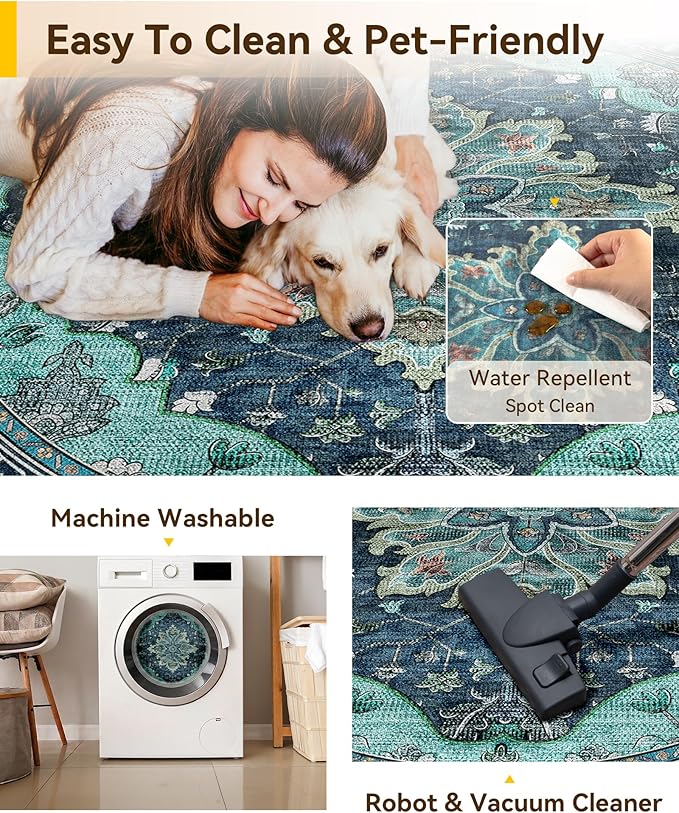 RELEANY Area Rugs Round 10ft Washable Non-Slip, Floral Vintage Distress Print - Image 5