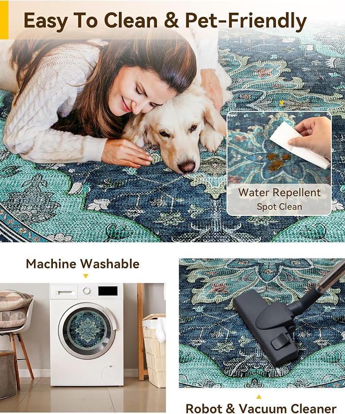 RELEANY Area Rugs Round 4ft Washable Non-Slip, Floral Vintage Distress Print - Image 5