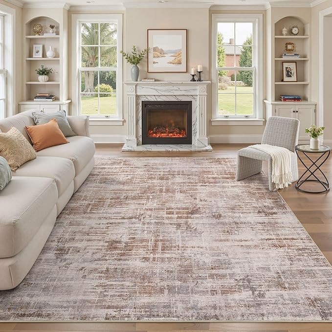 Area Rug for Living Room: 7x9 Washable Neutral Abstract Modern Soft Rugs Non Slip Indoor Floor Stain Resistant Large Carpet for Bedroom Dining Room Office Nursery - Red Brown