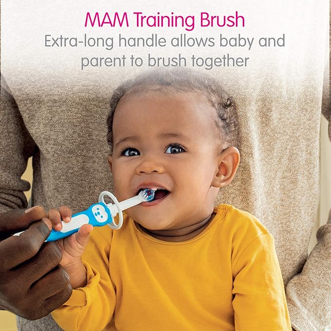 MAM Learn to Brush Set (1 Baby's Brush Toothbrush, 1 Training Brush, 1 Safety Shield), Baby Toothbrushes with Brushy The Bear, Interactive App, for Boys 5+ Months, Blue