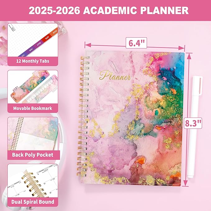 SUNEE Academic Planner 2025-2026 Weekly and Monthly - from July 2025 to June 2026, 6.4"x8.3" School Year Calendar Daily Planner with Monthly Tab, Flexible Cover, Note Pages, Spiral Binding, Marble