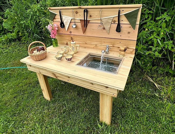 Noble Toys Mini Mud Kitchen with Functional Sink for Kids | Pretend Play Toddler Table with Running Water | Outdoor Playset Working Sink | Real Wooden Kitchens | Preschool Equipment